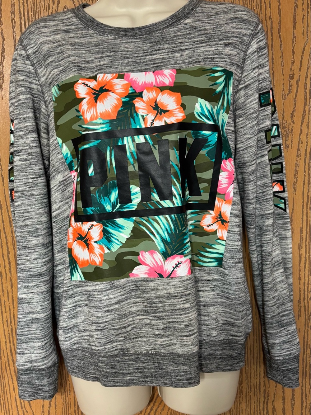 PINK Victoria's Secret Heather Gray Sweatshirt with Tropical Floral Print